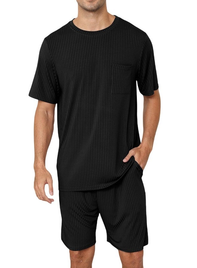 EISHOPEER Mens Ribbed Knit Sleepwear Pajamas Set Loungewear Short Sleeve Lounge Set 2 Piece PJ Sets Black Large - Image 1